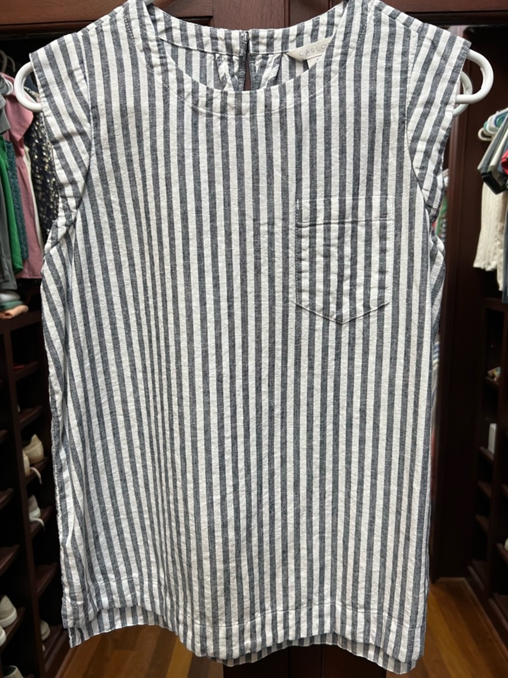 Caslon XS Linen Blend Popover Sleeveless Striped Top - Navy and White